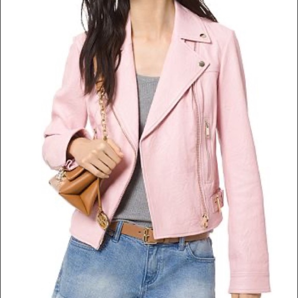 Michael Kors Crinkled Leather Moto Jacket Pink